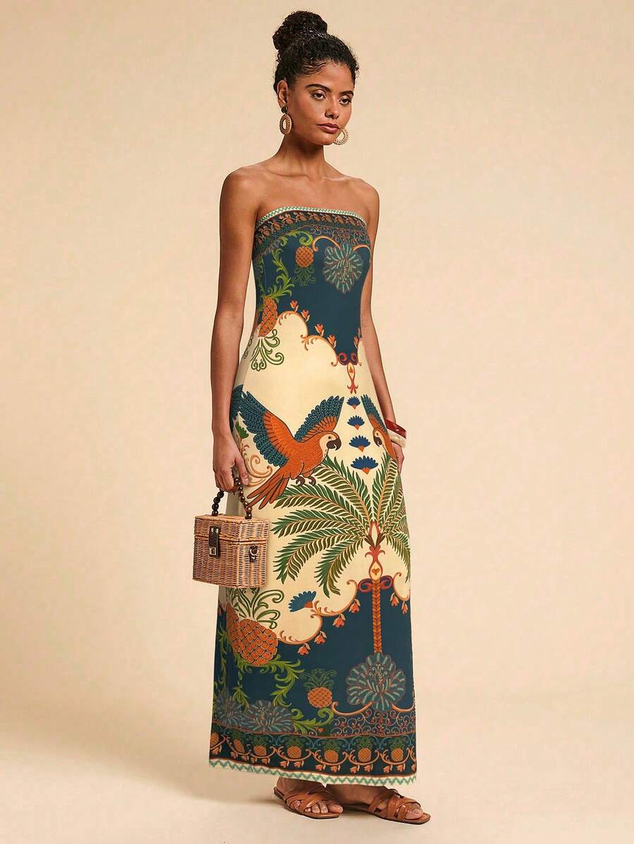 Travachic Vestido Bandeau Multicolorido Impresso para Mulheres, Férias