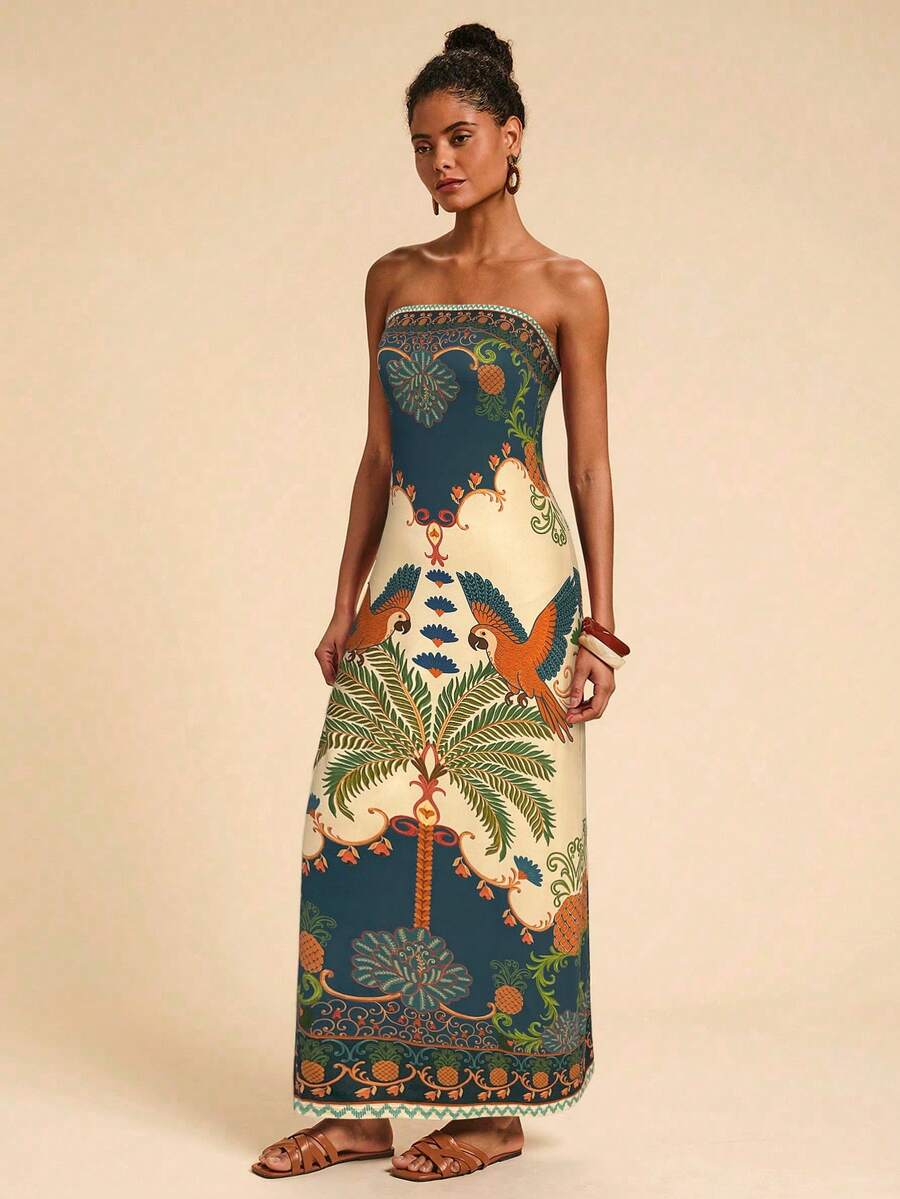 Travachic Vestido Bandeau Multicolorido Impresso para Mulheres, Férias