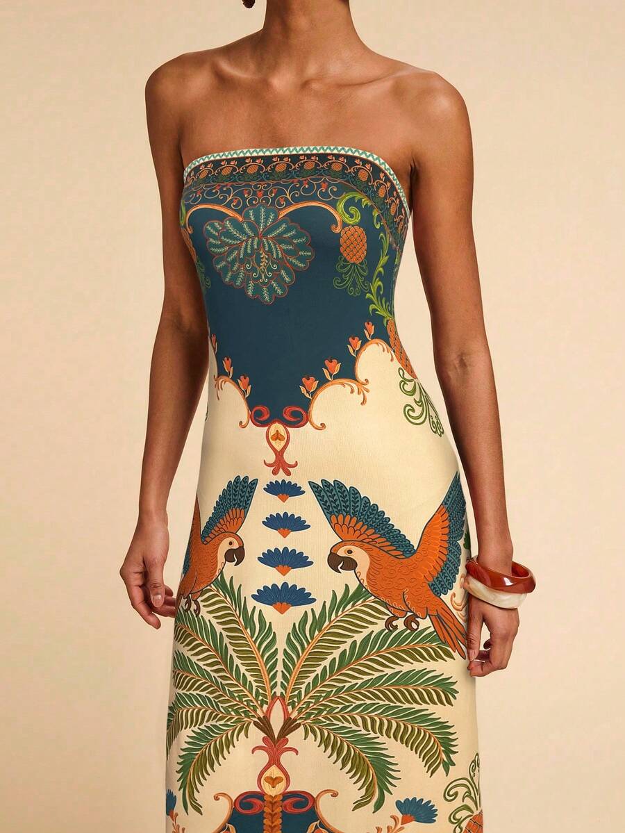 Travachic Vestido Bandeau Multicolorido Impresso para Mulheres, Férias