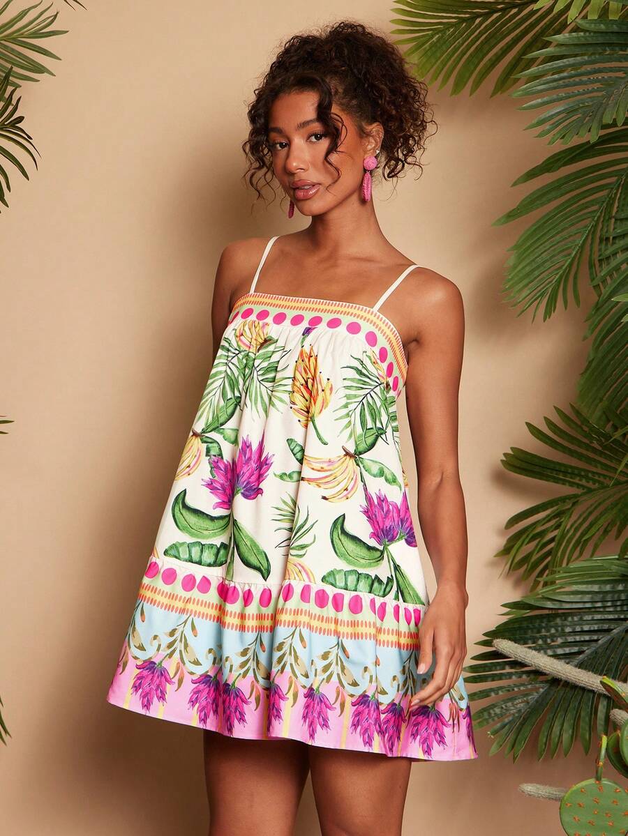 Travachic Vestido de alça fina para verão e férias, estampa floral, estilo de férias, looks de férias para mulheres, looks de férias na praia, looks de verão para mulheres, vestidos de verão para mulheres, vestidos para mulheres, vestido de verão
