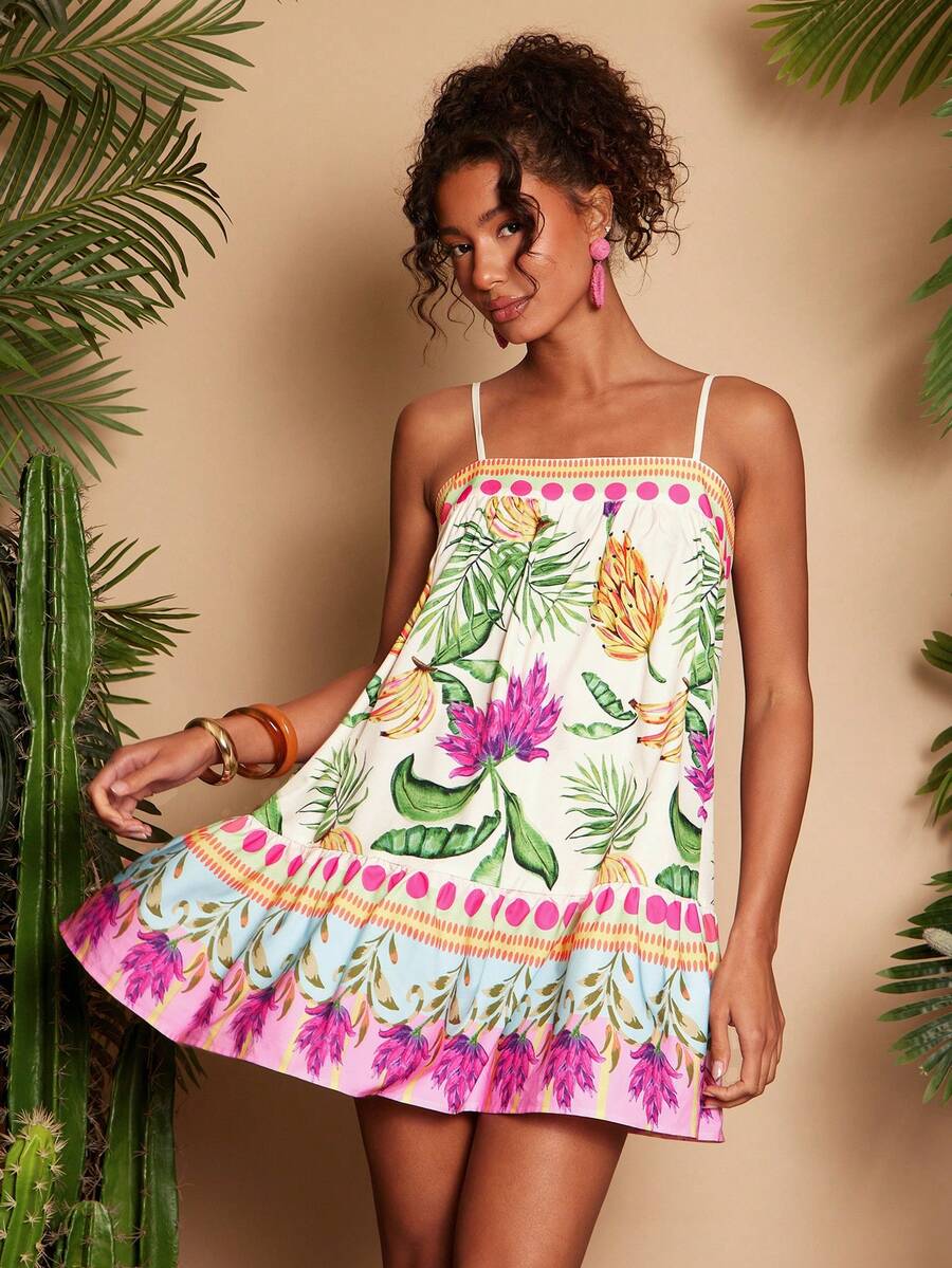Travachic Vestido de alça fina para verão e férias, estampa floral, estilo de férias, looks de férias para mulheres, looks de férias na praia, looks de verão para mulheres, vestidos de verão para mulheres, vestidos para mulheres, vestido de verão