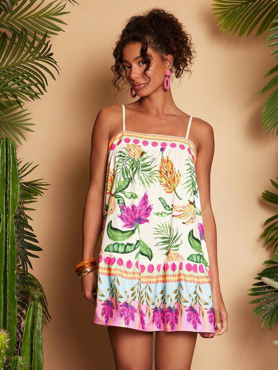 Travachic Vestido de alça fina para verão e férias, estampa floral, estilo de férias, looks de férias para mulheres, looks de férias na praia, looks de verão para mulheres, vestidos de verão para mulheres, vestidos para mulheres, vestido de verão