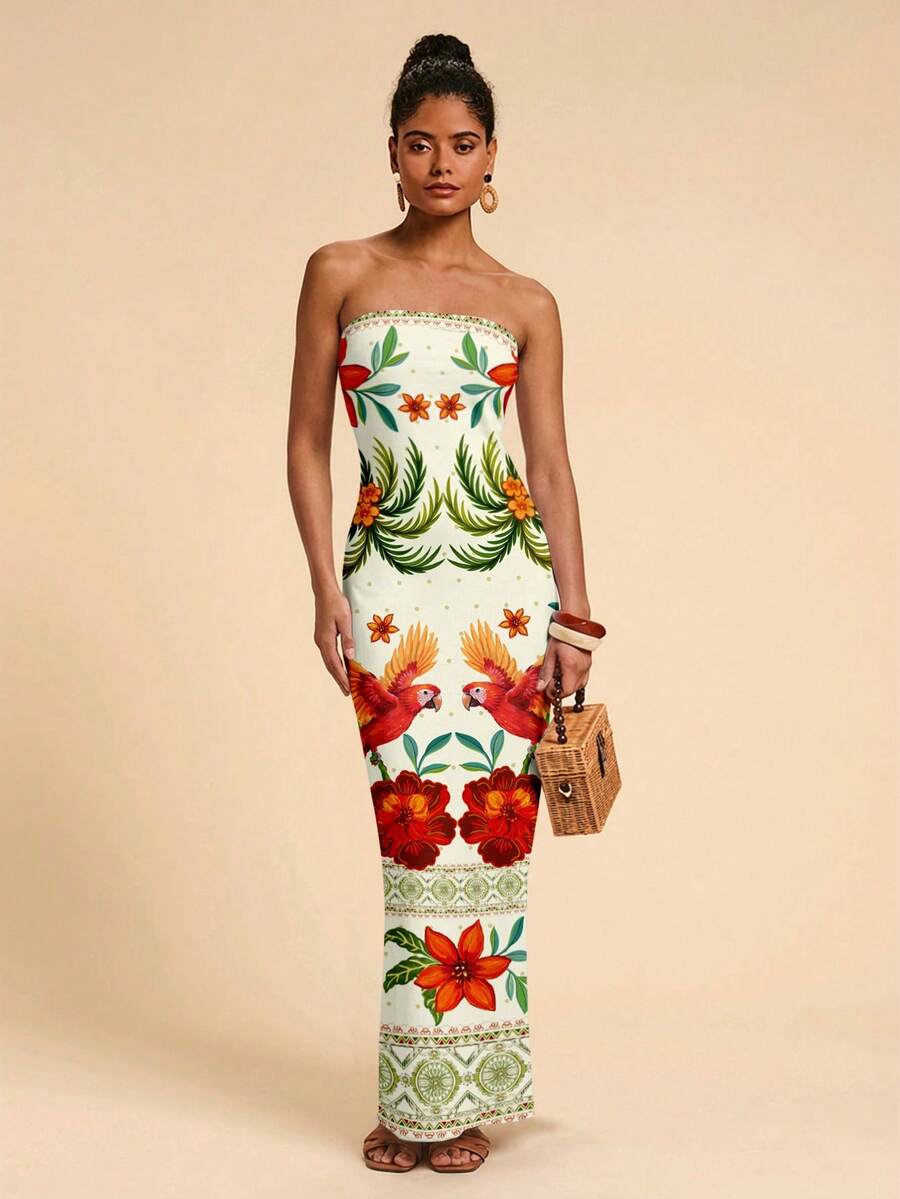 Travachic Vestido Bandeau Multicolorido Impresso para Mulheres, Férias