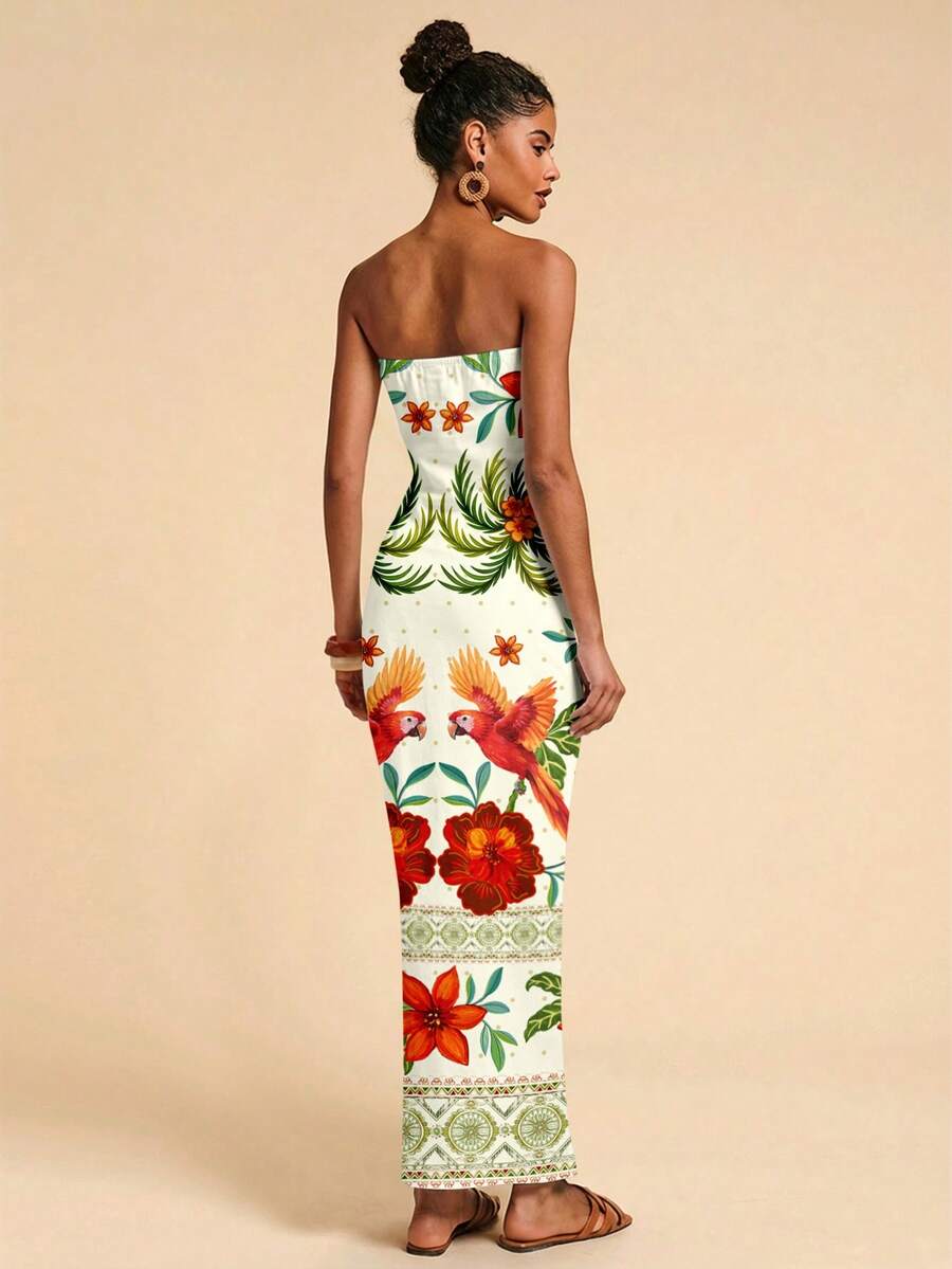 Travachic Vestido Bandeau Multicolorido Impresso para Mulheres, Férias