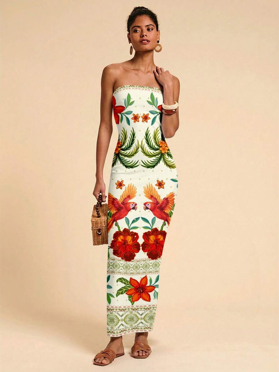 Travachic Vestido Bandeau Multicolorido Impresso para Mulheres, Férias