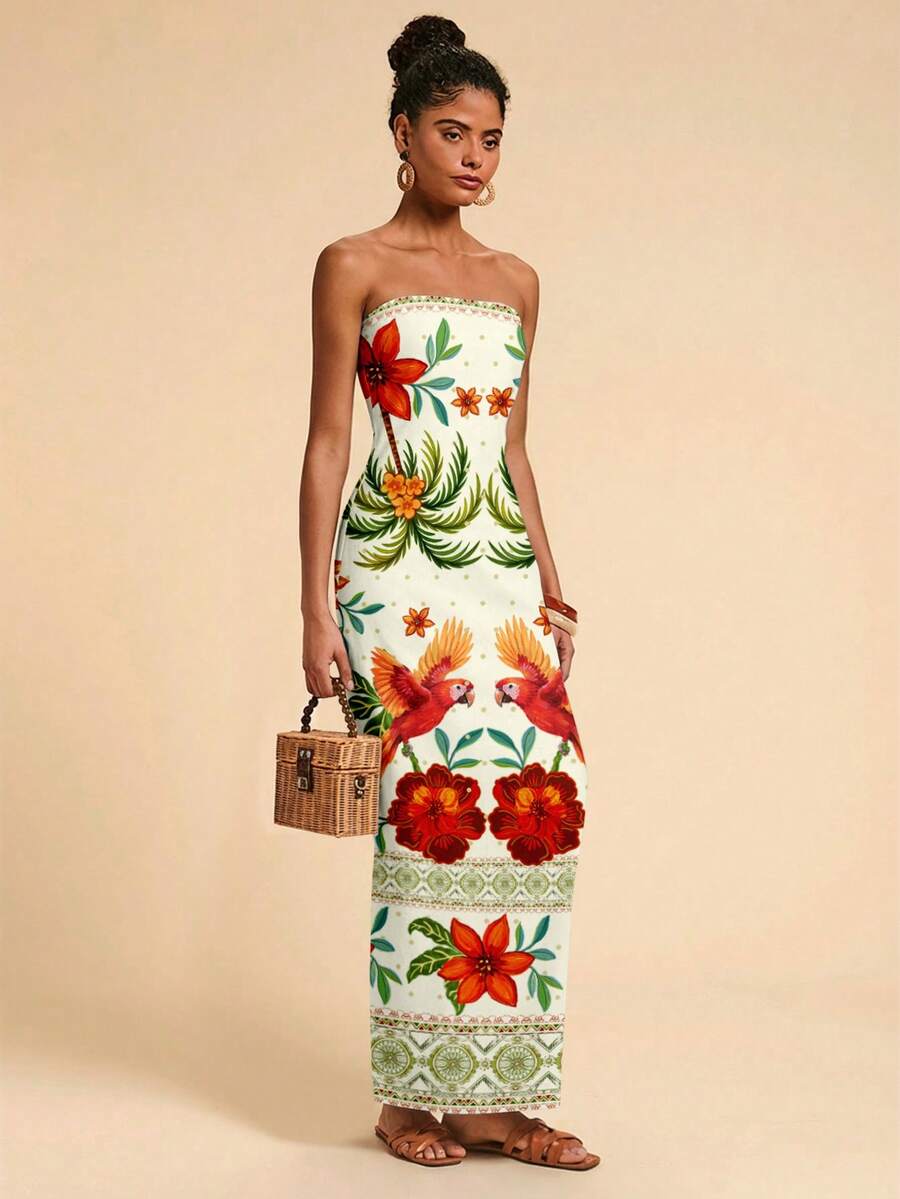 Travachic Vestido Bandeau Multicolorido Impresso para Mulheres, Férias