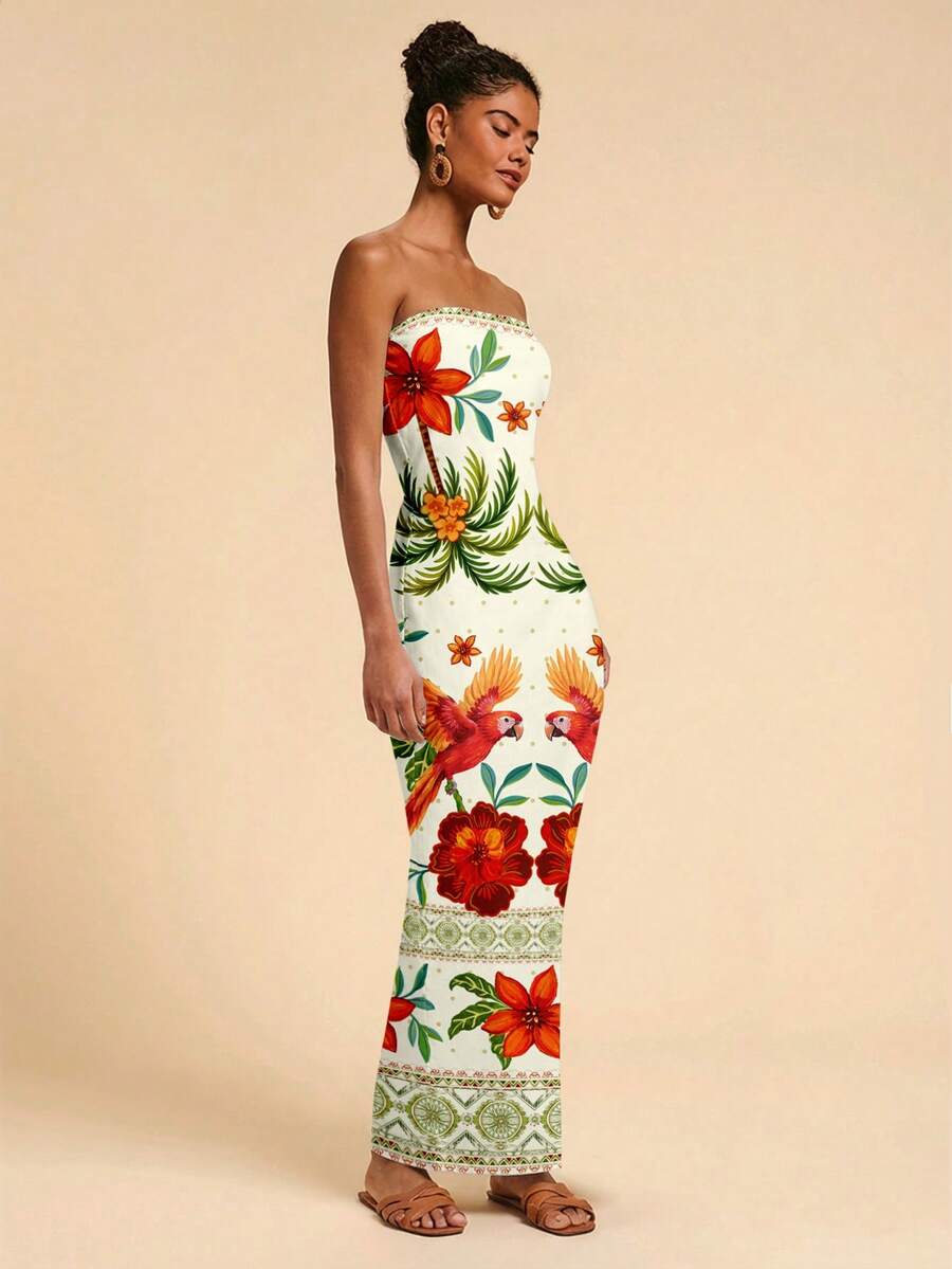 Travachic Vestido Bandeau Multicolorido Impresso para Mulheres, Férias