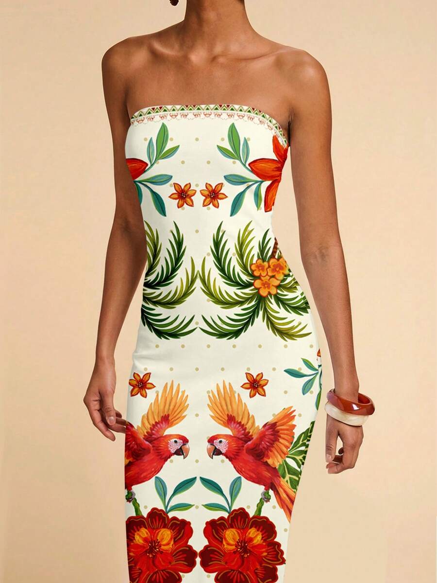 Travachic Vestido Bandeau Multicolorido Impresso para Mulheres, Férias