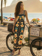 CAJUNI x Carol Peixinho Vestido Midi Romântico Casual de Férias com Estampa Tropical de Abacaxi e Floral, Adequado para Encontros