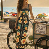 CAJUNI x Carol Peixinho Vestido Midi Romântico Casual de Férias com Estampa Tropical de Abacaxi e Floral, Adequado para Encontros