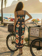 CAJUNI x Carol Peixinho Vestido Midi Romântico Casual de Férias com Estampa Tropical de Abacaxi e Floral, Adequado para Encontros