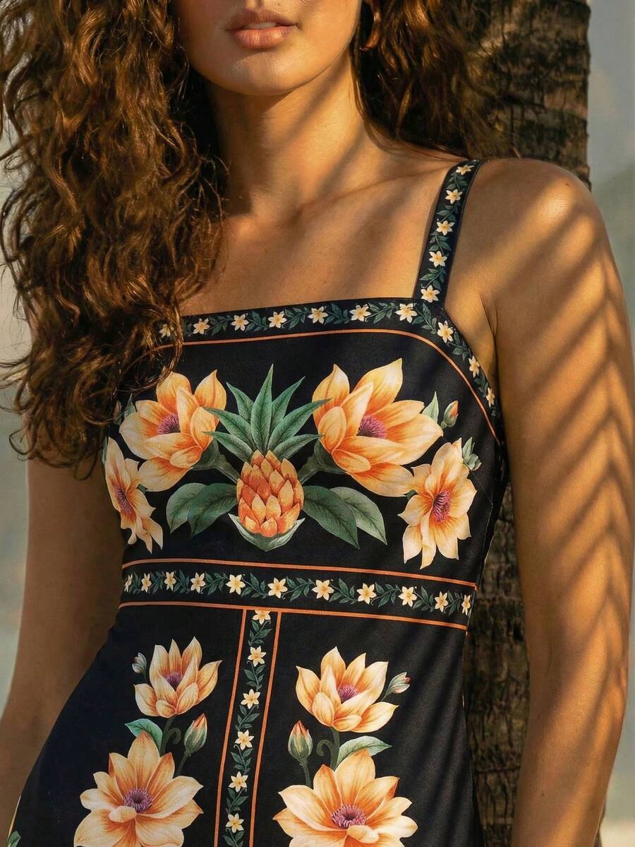 CAJUNI x Carol Peixinho Vestido Midi Romântico Casual de Férias com Estampa Tropical de Abacaxi e Floral, Adequado para Encontros