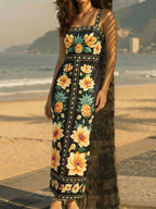 CAJUNI x Carol Peixinho Vestido Midi Romântico Casual de Férias com Estampa Tropical de Abacaxi e Floral, Adequado para Encontros