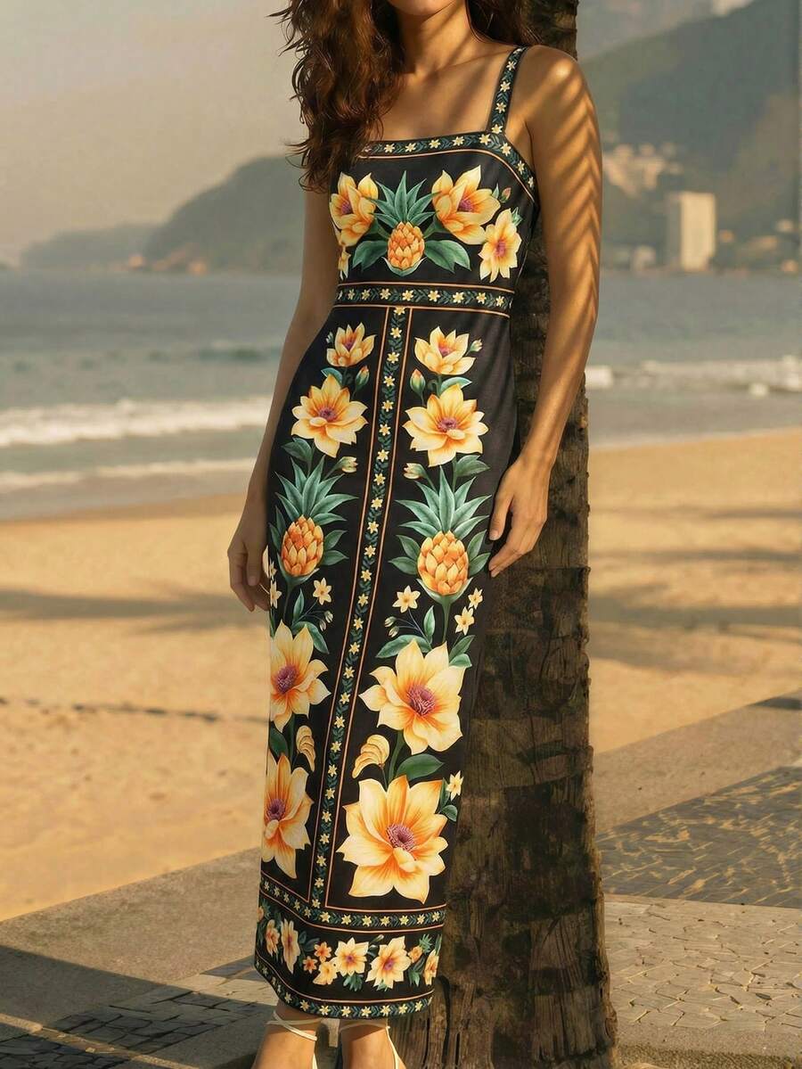 CAJUNI x Carol Peixinho Vestido Midi Romântico Casual de Férias com Estampa Tropical de Abacaxi e Floral, Adequado para Encontros