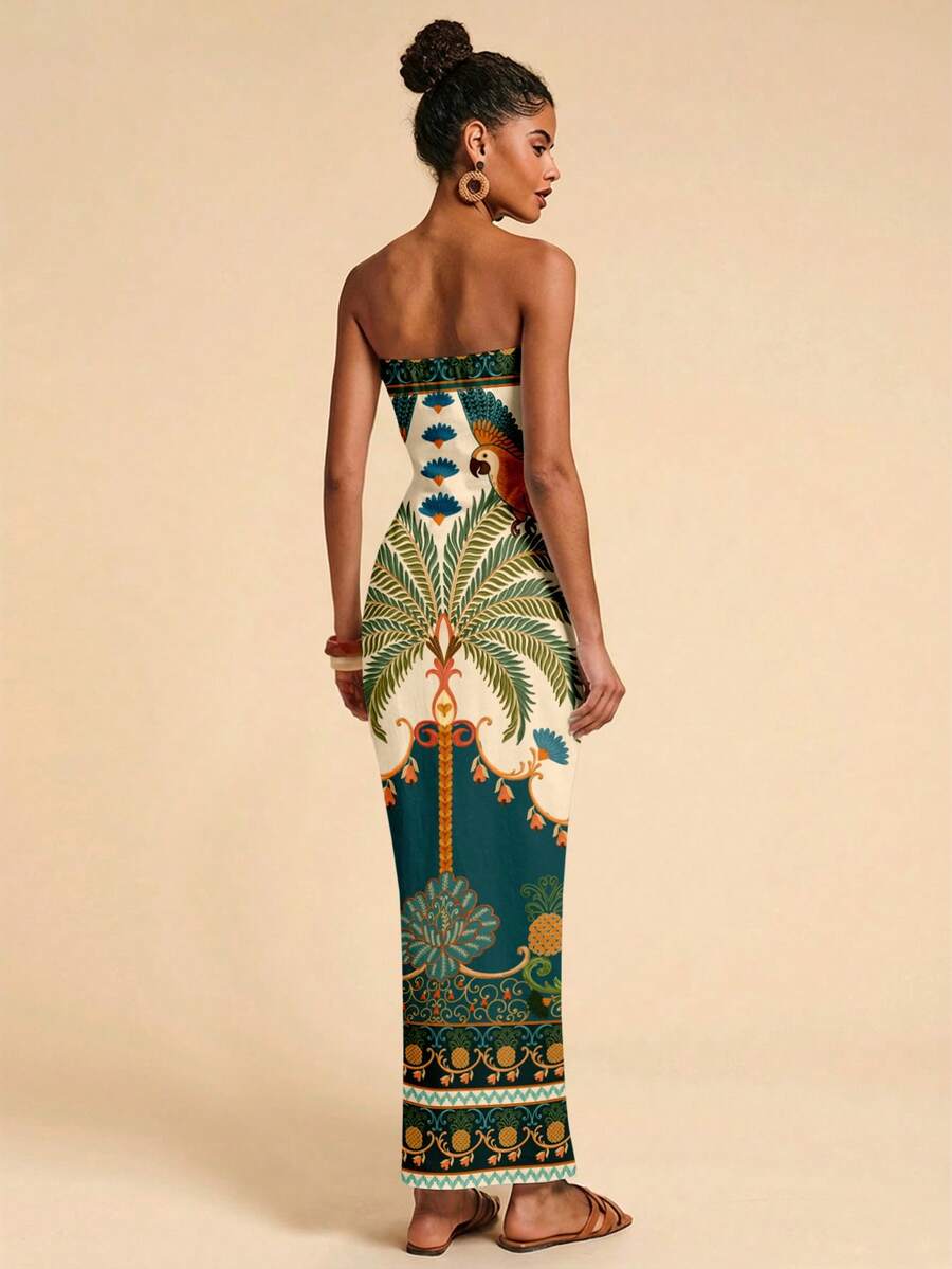 Travachic Vestido Bandeau Multicolorido Impresso para Mulheres, Férias