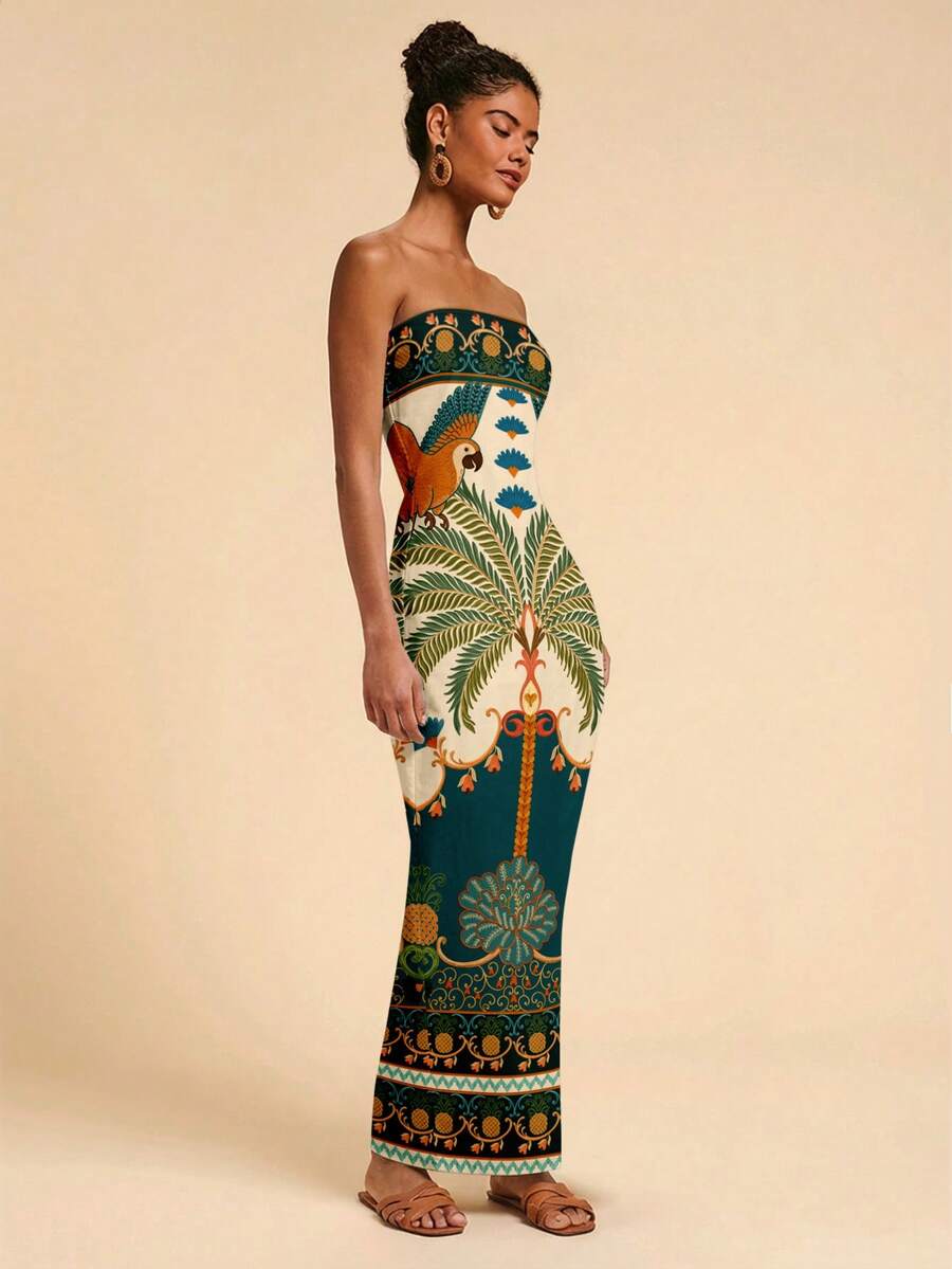 Travachic Vestido Bandeau Multicolorido Impresso para Mulheres, Férias