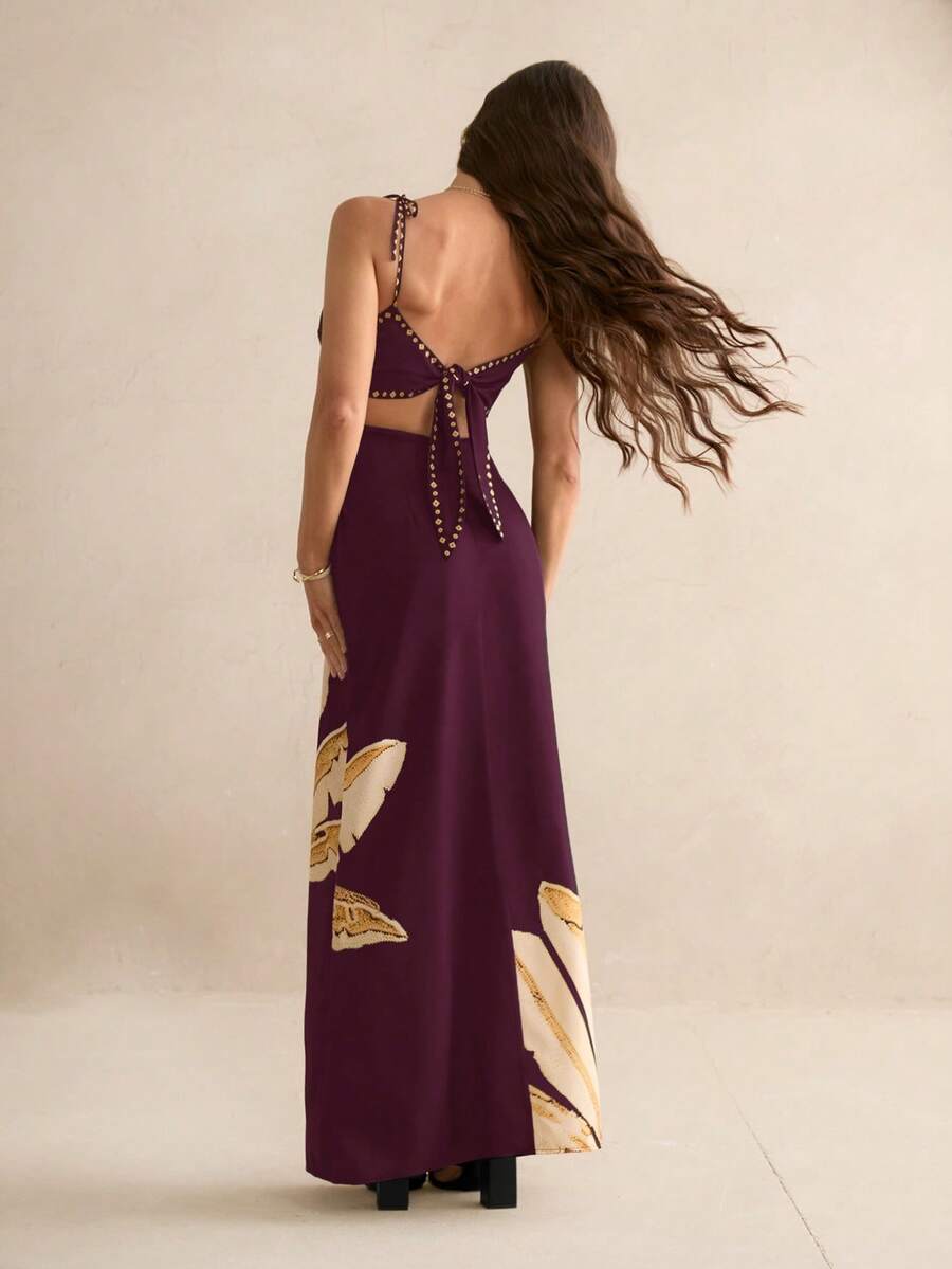 SHEIN Tall Vestido casual de verão para férias, estampa de árvores de banana boho feminino, sem mangas com amarração nas costas na cintura vazada, vestido preto