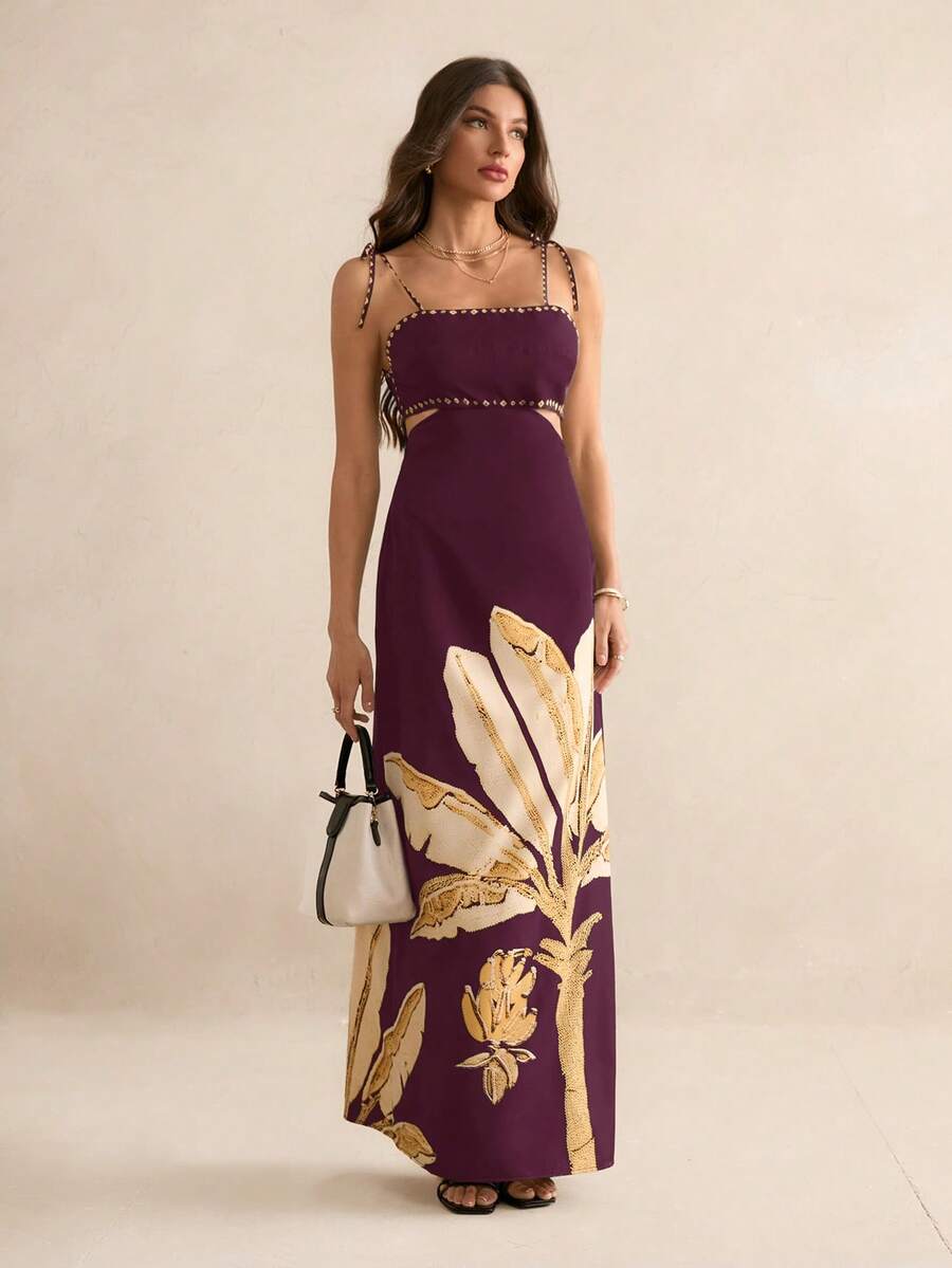 SHEIN Tall Vestido casual de verão para férias, estampa de árvores de banana boho feminino, sem mangas com amarração nas costas na cintura vazada, vestido preto