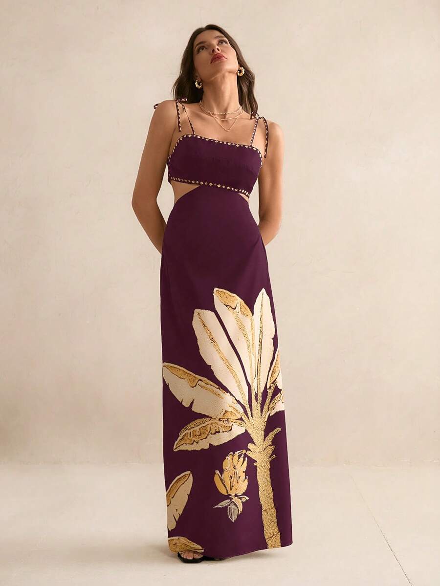 SHEIN Tall Vestido casual de verão para férias, estampa de árvores de banana boho feminino, sem mangas com amarração nas costas na cintura vazada, vestido preto