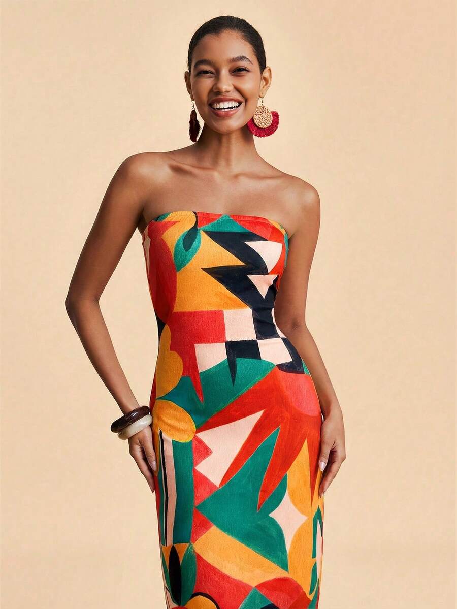 Travachic Vestido Bandeau Multicolorido Impresso para Mulheres, Férias