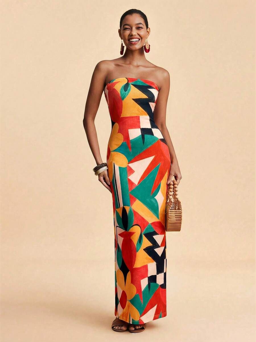 Travachic Vestido Bandeau Multicolorido Impresso para Mulheres, Férias