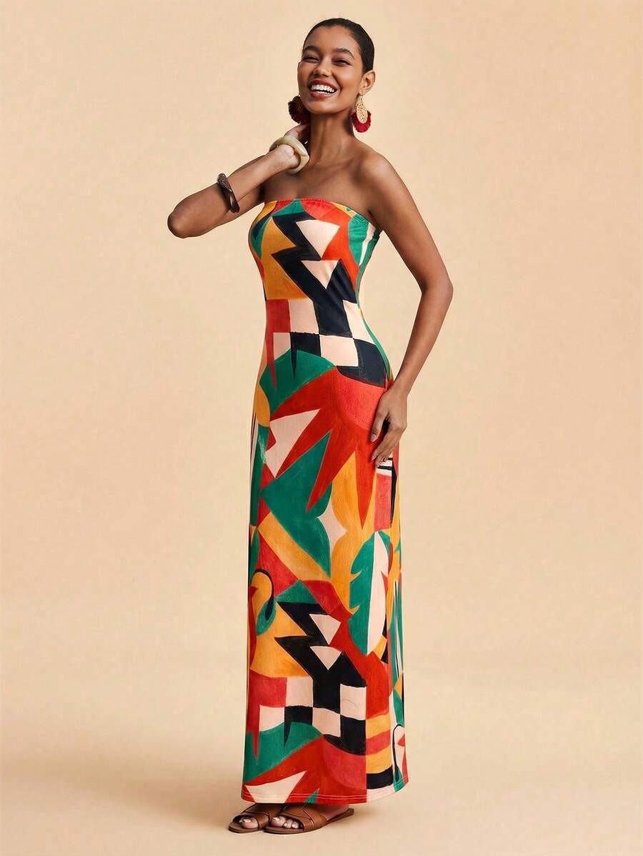 Travachic Vestido Bandeau Multicolorido Impresso para Mulheres, Férias