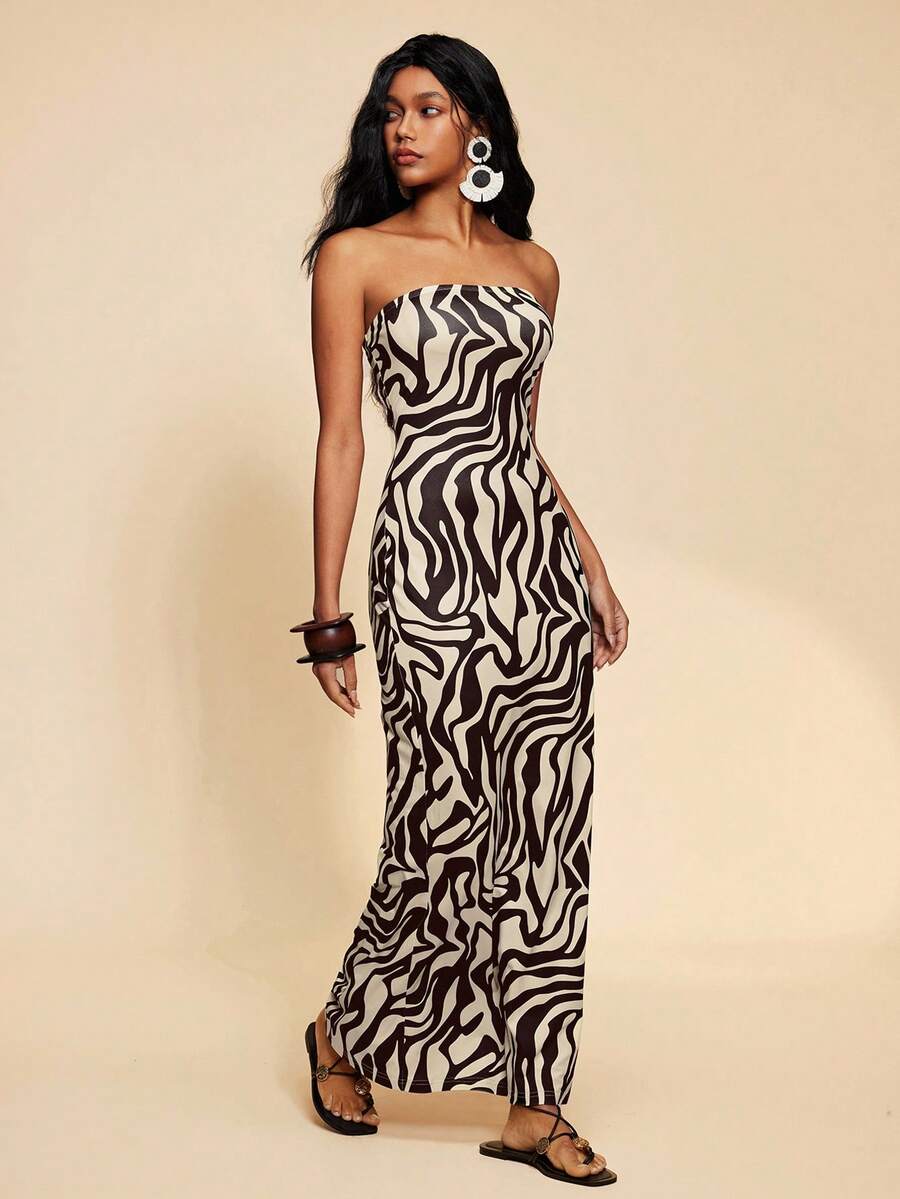 Travachic Vestido Bandeau Multicolorido Impresso para Mulheres, Férias