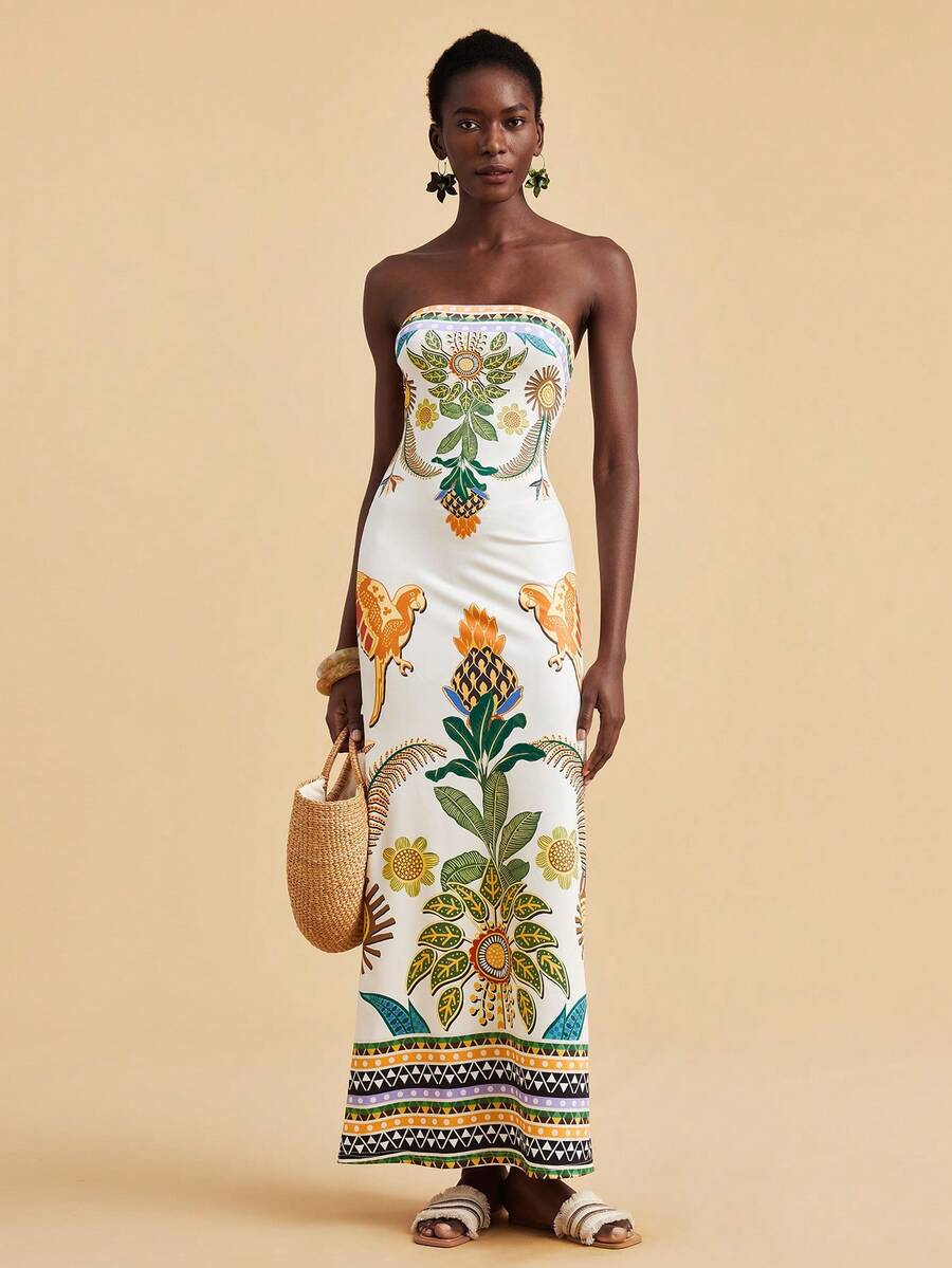 Travachic Vestido Bandeau Multicolorido Impresso para Mulheres, Férias