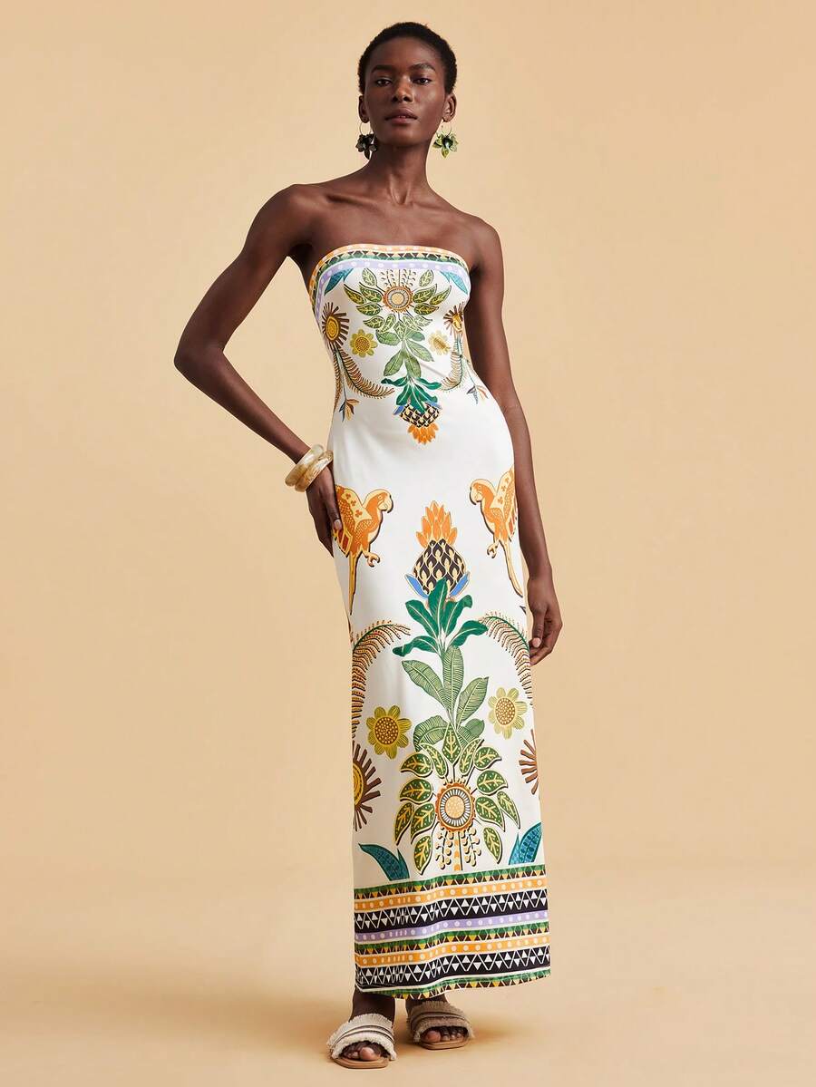 Travachic Vestido Bandeau Multicolorido Impresso para Mulheres, Férias