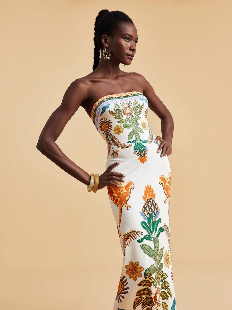 Travachic Vestido Bandeau Multicolorido Impresso para Mulheres, Férias