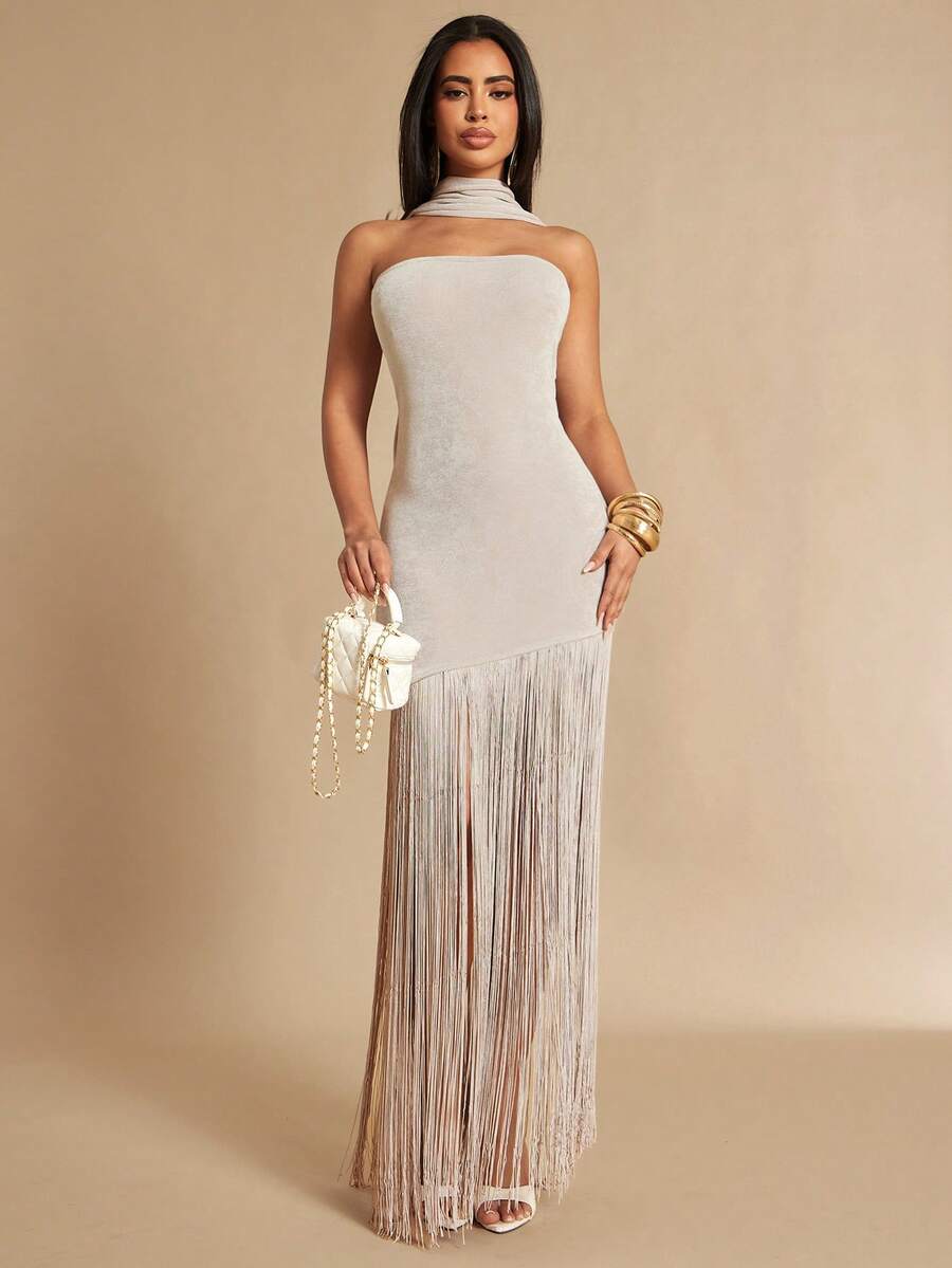 Silquee Vestido Longo com Alças Removíveis e Franjas, Primavera/Verão