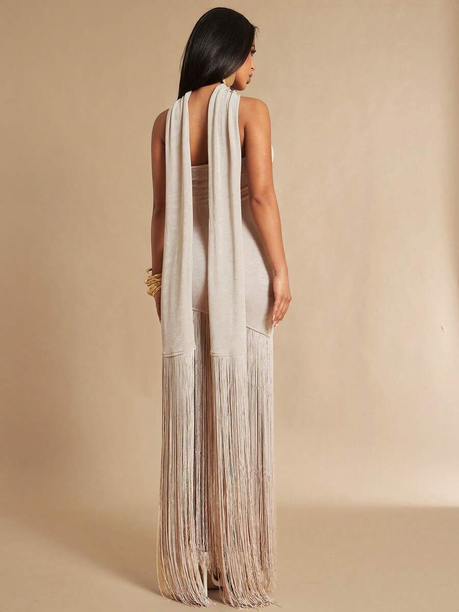 Silquee Vestido Longo com Alças Removíveis e Franjas, Primavera/Verão