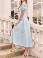 Amorya Vestido Longo Elegante e Casual para o Dia a Dia e Férias, Primavera/Verão, Azul, Tecido Texturizado, Decote Quadrado, Manga Bufante de Curta Duração, Amarração na Cintura, Silhueta em A, Bordado