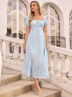 Amorya Vestido Longo Elegante e Casual para o Dia a Dia e Férias, Primavera/Verão, Azul, Tecido Texturizado, Decote Quadrado, Manga Bufante de Curta Duração, Amarração na Cintura, Silhueta em A, Bordado