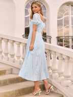 Amorya Vestido Longo Elegante e Casual para o Dia a Dia e Férias, Primavera/Verão, Azul, Tecido Texturizado, Decote Quadrado, Manga Bufante de Curta Duração, Amarração na Cintura, Silhueta em A, Bordado