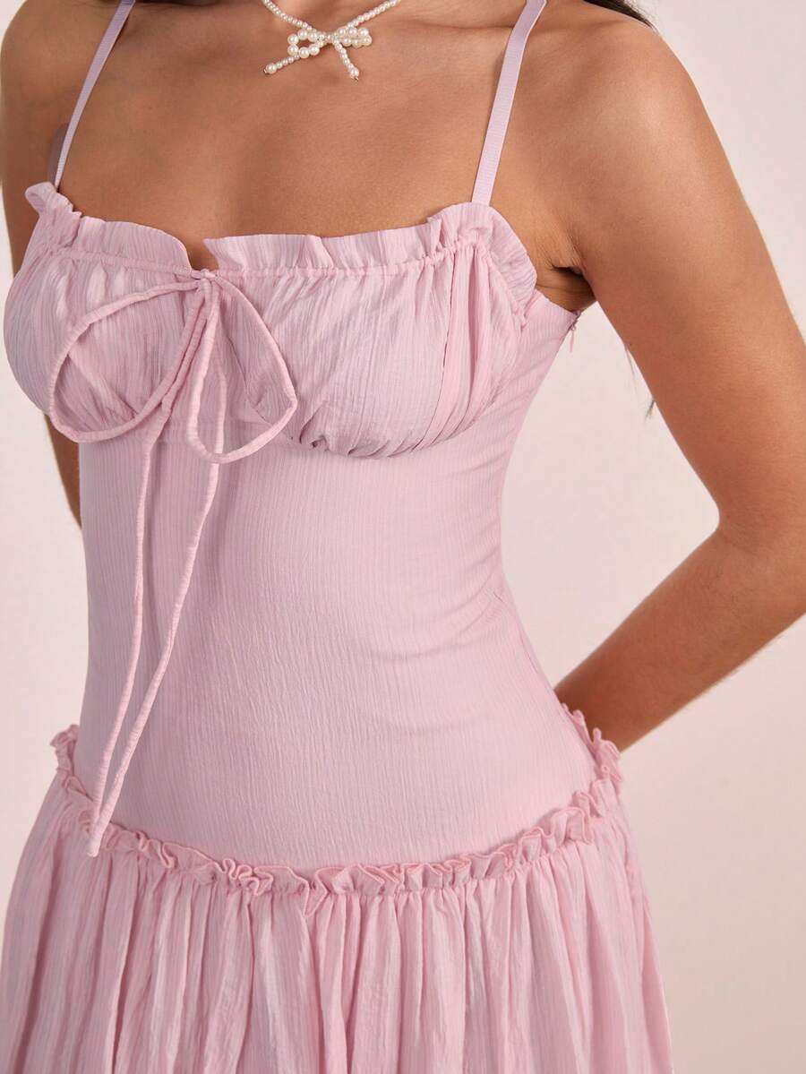 Enchnt Vestido Longo Elegante Feminino de Alça com Cintura Franzida e Nó, Adequado para Encontros e Festas