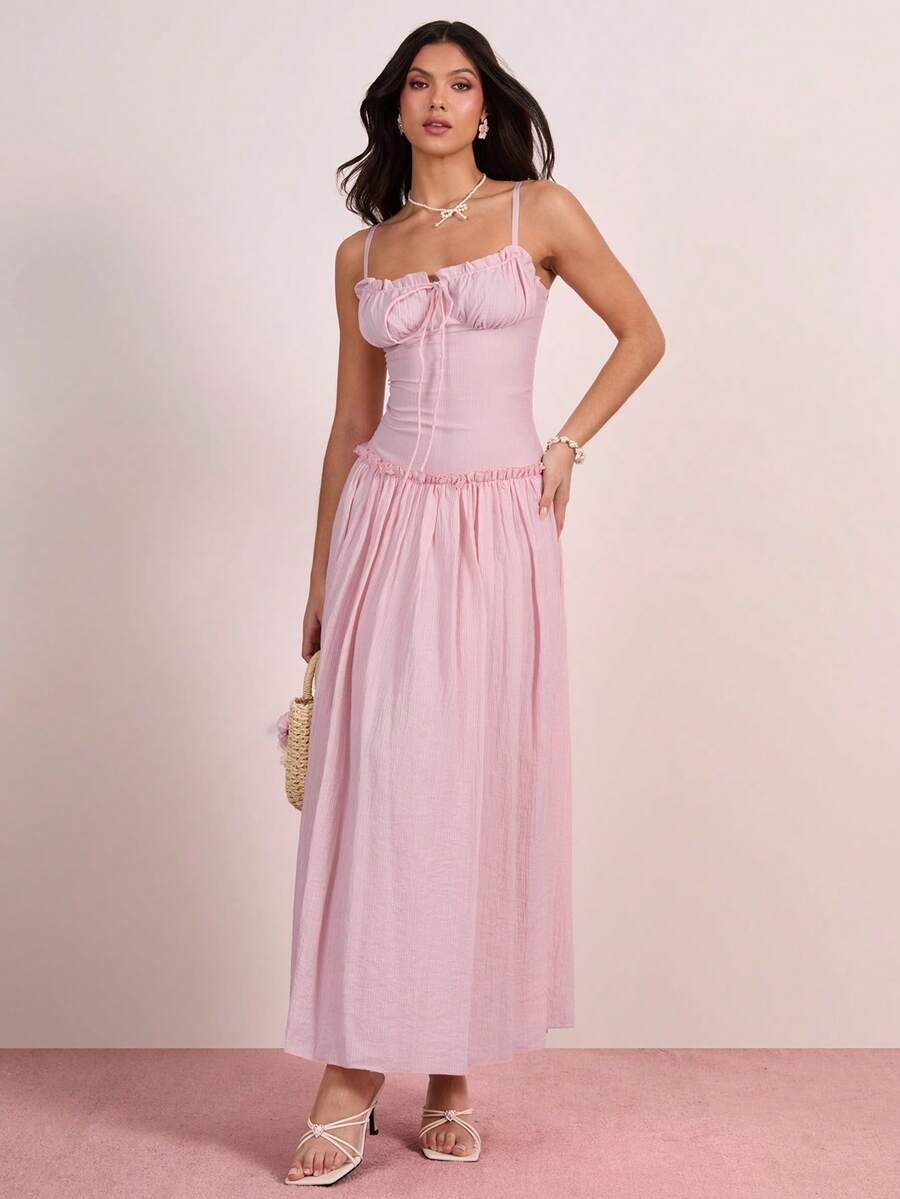 Enchnt Vestido Longo Elegante Feminino de Alça com Cintura Franzida e Nó, Adequado para Encontros e Festas