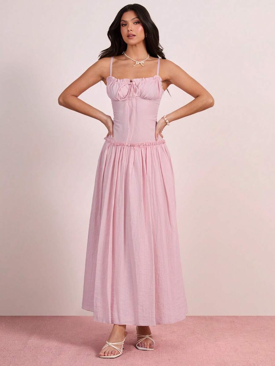 Enchnt Vestido Longo Elegante Feminino de Alça com Cintura Franzida e Nó, Adequado para Encontros e Festas