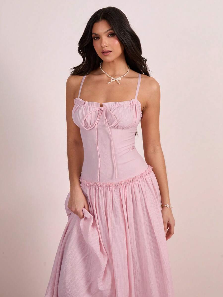 Enchnt Vestido Longo Elegante Feminino de Alça com Cintura Franzida e Nó, Adequado para Encontros e Festas