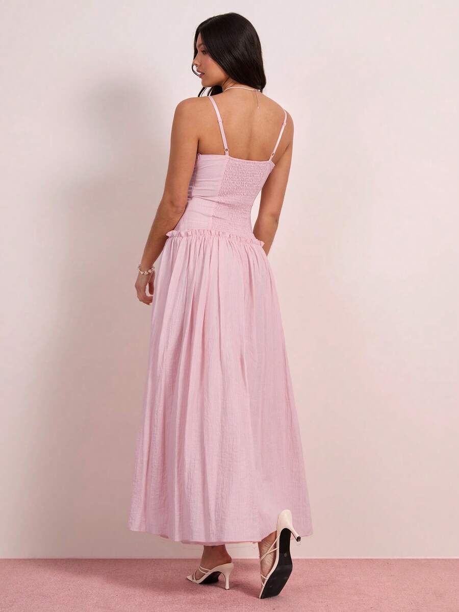 Enchnt Vestido Longo Elegante Feminino de Alça com Cintura Franzida e Nó, Adequado para Encontros e Festas