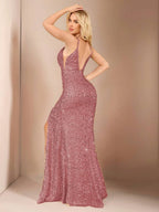 Allurite Vestido Camisole com Fenda Lateral e Lantejoulas para Festa de Férias, Roupa Longa Mulheres