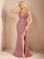 Allurite Vestido Camisole com Fenda Lateral e Lantejoulas para Festa de Férias, Roupa Longa Mulheres