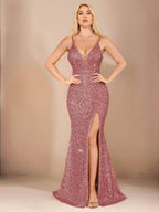 Allurite Vestido Camisole com Fenda Lateral e Lantejoulas para Festa de Férias, Roupa Longa Mulheres