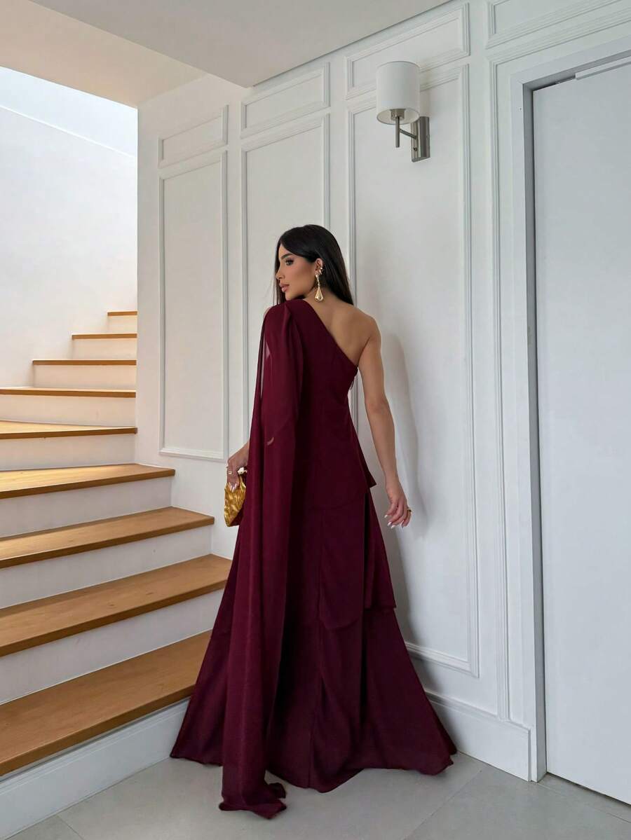 Vestido de festa elegante um ombro em chiffon com detalhe para madrinha casamento de dia