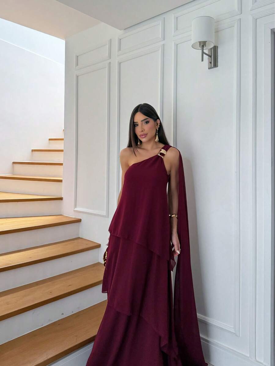 Vestido de festa elegante um ombro em chiffon com detalhe para madrinha casamento de dia